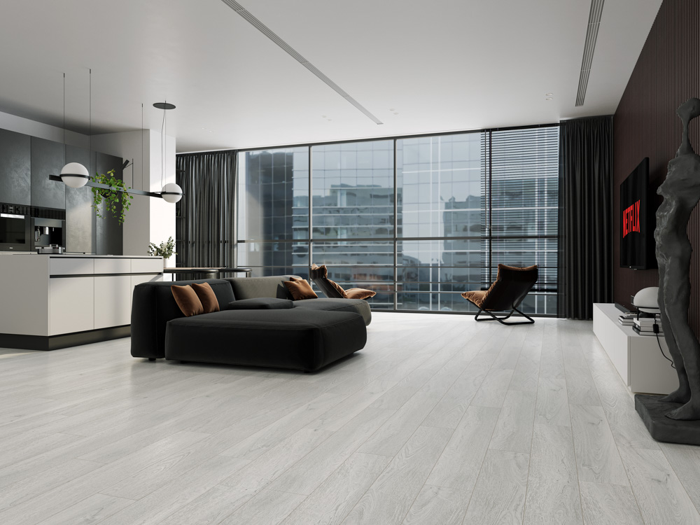 Кварцвиниловый SPC ламинат Cronafloor Wood Дуб Серебристый ZH-81126-1 1200×180×4 фото в интерьере